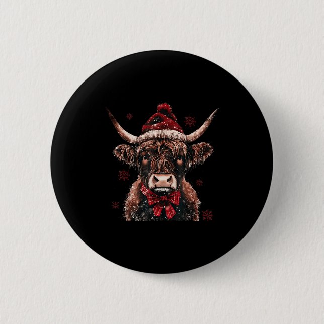 Mooey Christmas Western Highland Cow Lover Santa H Button (Front)