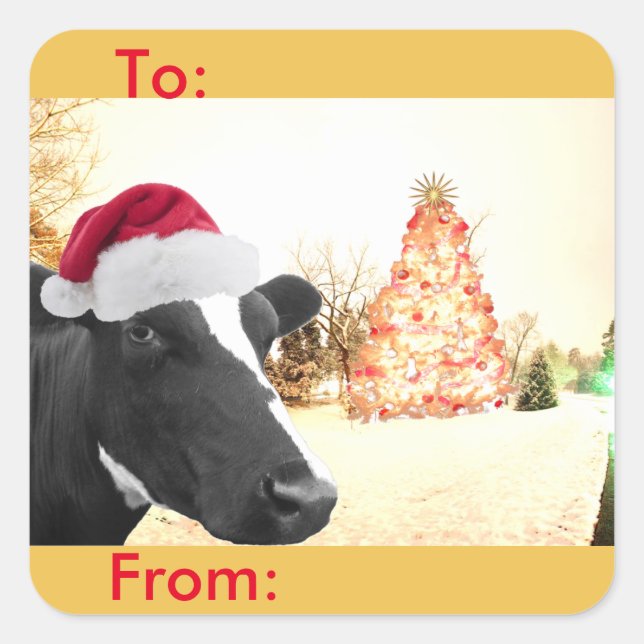 Mooey Christmas Winter Cow Santa Hat Gift Tag (Front)