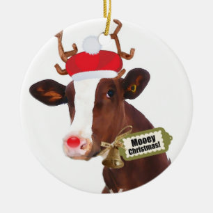Mooey Merry Christmas Reindeer Cow Ceramic Ornament