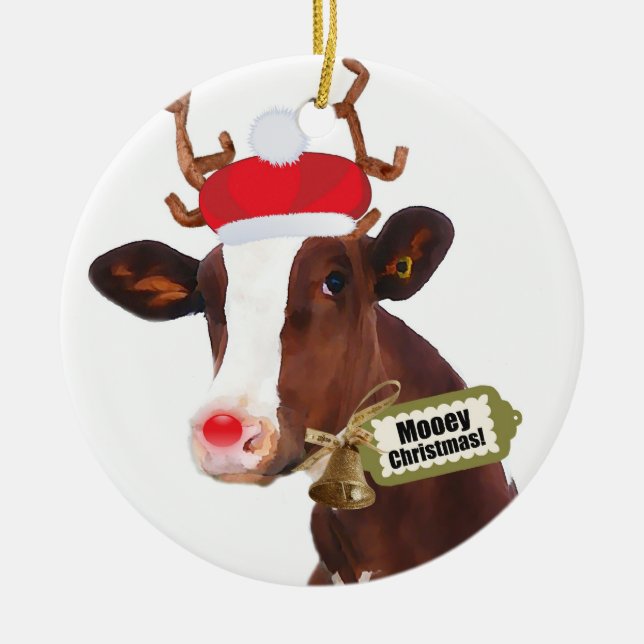 Mooey Merry Christmas Reindeer Cow Ceramic Ornament (Front)