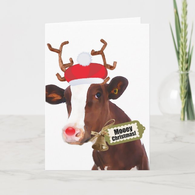 Mooey Merry Christmas Reindeer Cow Holiday Card (Front)
