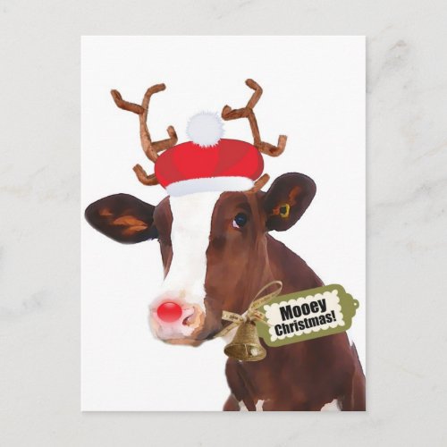 Mooey Merry Christmas Reindeer Cow Holiday Postcard