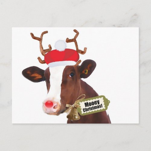 Mooey Merry Christmas Reindeer Cow Holiday Postcard