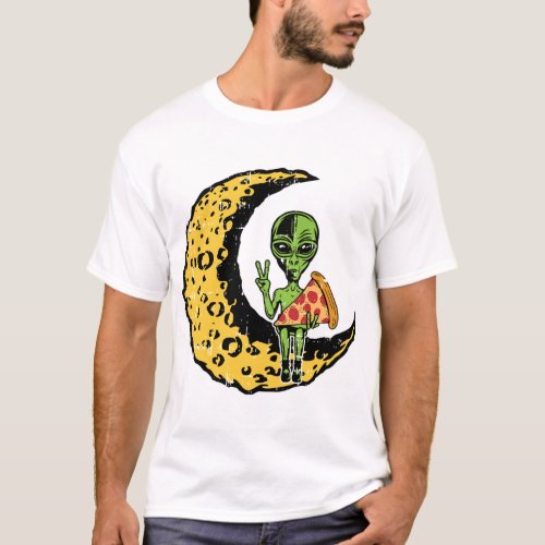 Moon Alien Eating Pizza Peace Costume Funny Hallow T_Shirt