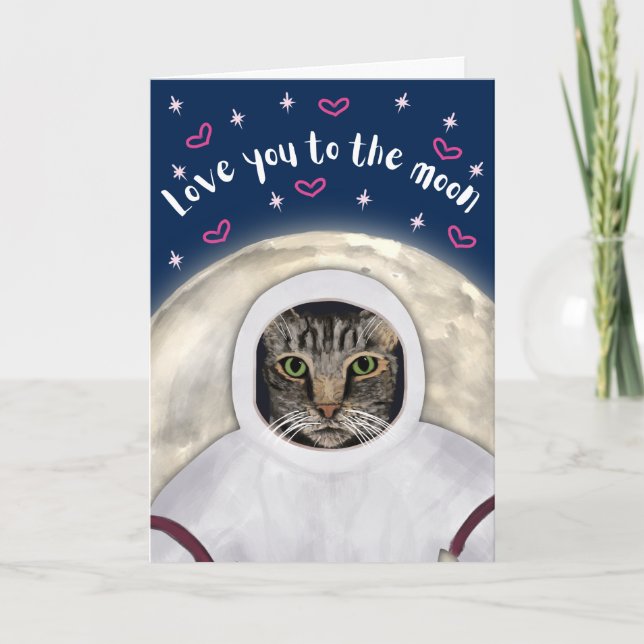 Moon and back funny cat Valentine’s Day Card (Front)