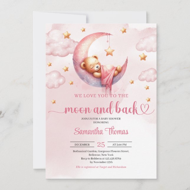 Moon and back pink and gold girl baby shower invitation (Front)