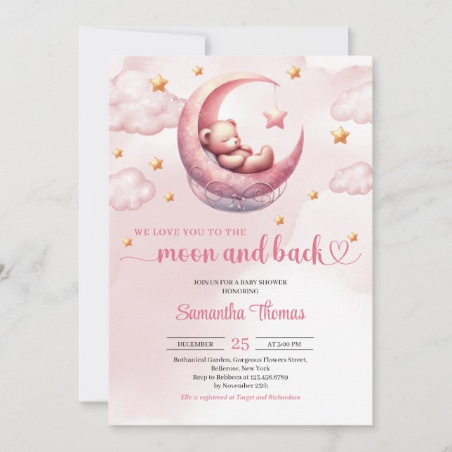 Moon and back teddy bear girl baby shower invitation (Front)