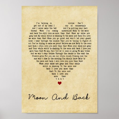 Moon And Back Vintage Heart Song Lyric Print