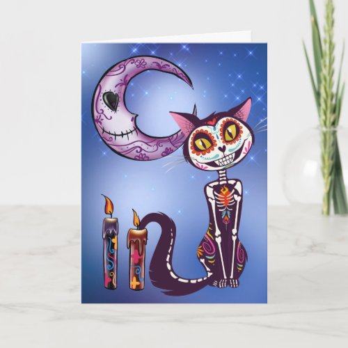 Moon and Cat Day of the Dead Da de los Muertos Card
