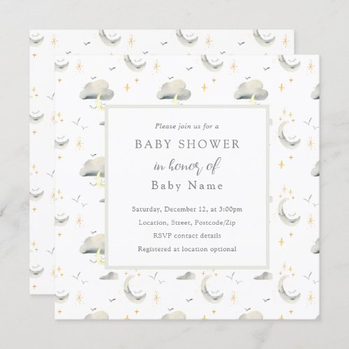 Moon and clouds unisex baby shower invitation