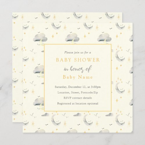 Moon and clouds unisex baby shower invitation