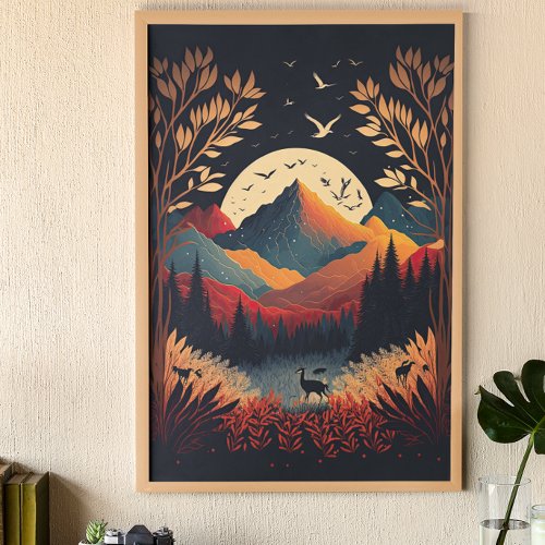 Moon and Colorful Mountains with Meadow Ai Art Poster