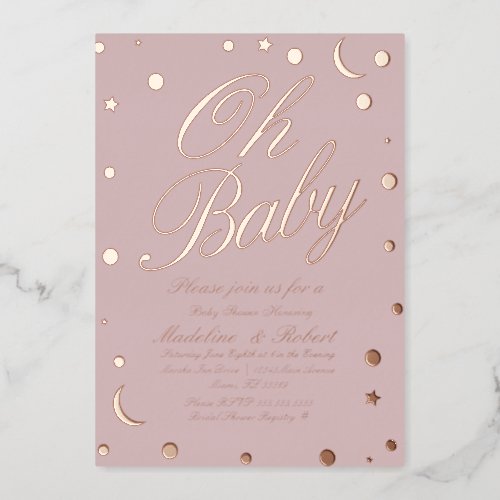 Moon and Dots Confetti Baby Shower Pink Pressed  Foil Invitation