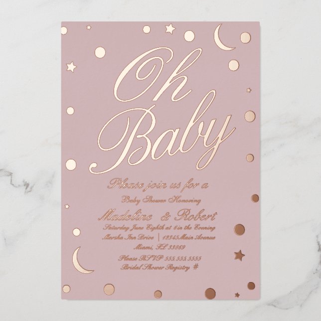 Moon and Dots Confetti Baby Shower Pink Pressed  Foil Invitation (Front)