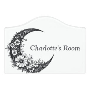 Moon and Flowers Art with Customizable Name Door Sign