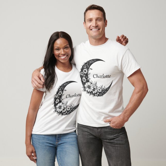 Moon and Flowers Art with Customizable Name T-Shirt (Unisex)