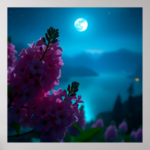 Moon and Flowers Night Landscape Moonlight Floral  Poster