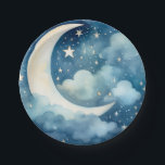 Moon and night time sky paper plate<br><div class="desc">Elevate your baby shower or gender reveal with this enchanting moon and night sky paper plate. Featuring a dreamy crescent moon surrounded by soft, fluffy clouds and sparkling stars, this blue watercolor design is both whimsical and elegant. Perfect for "it's a boy" celebrations, "twinkle twinkle little star" themes, "over the...</div>