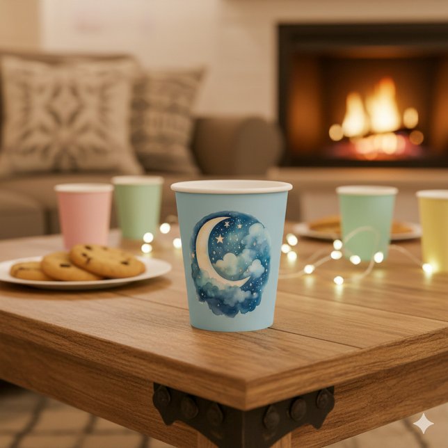 Moon and night time sky paper plate cups (Cosy night time blue clouds and moon paper cup.)