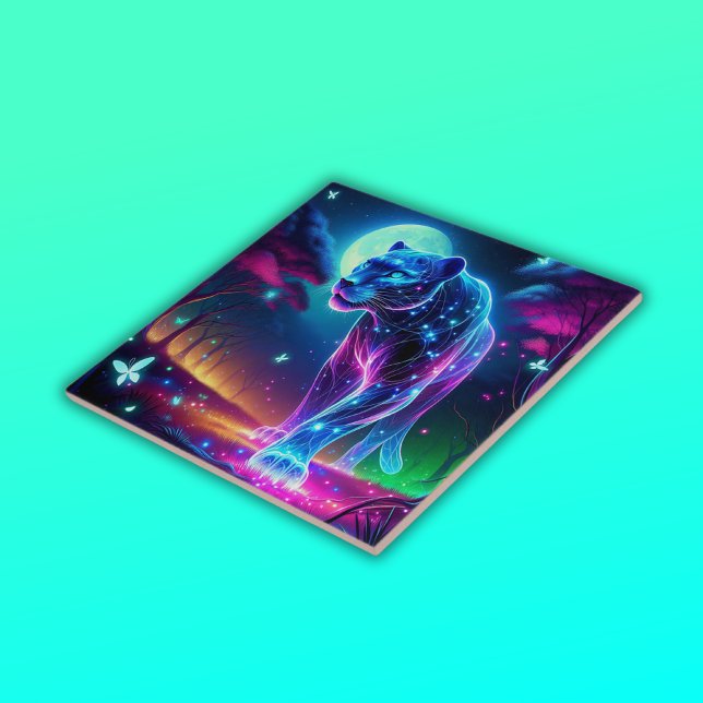 Moon and Panther Holographic Neon Colorful | Ceramic Tile (Creator Uploaded)