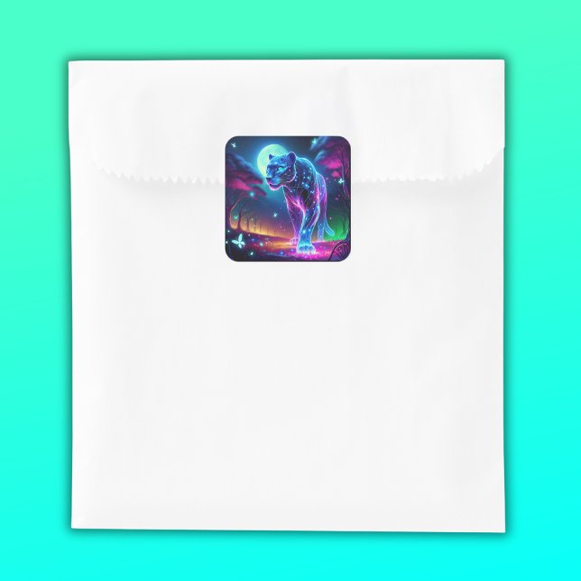 Moon and Panther Holographic Neon Colorful | Square Sticker (Creator Uploaded)