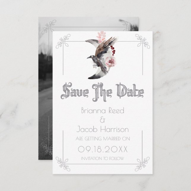 Moon And Raven Watercolor Wedding Save The Date Invitation (Front/Back)