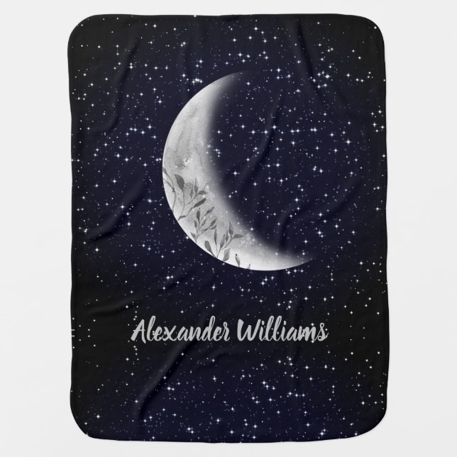 Moon and Sparkly Stars Baby Blue Night Sky Baby Blanket (Front)