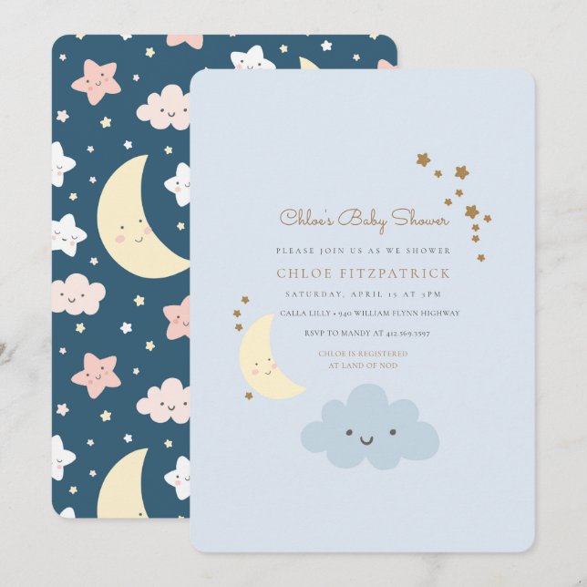 Moon and Star Baby Shower Invitation Blue (Front/Back)
