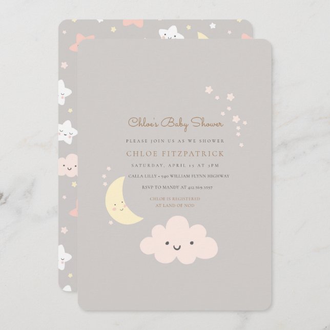 Moon and Star Baby Shower Invitation Grey (Front/Back)