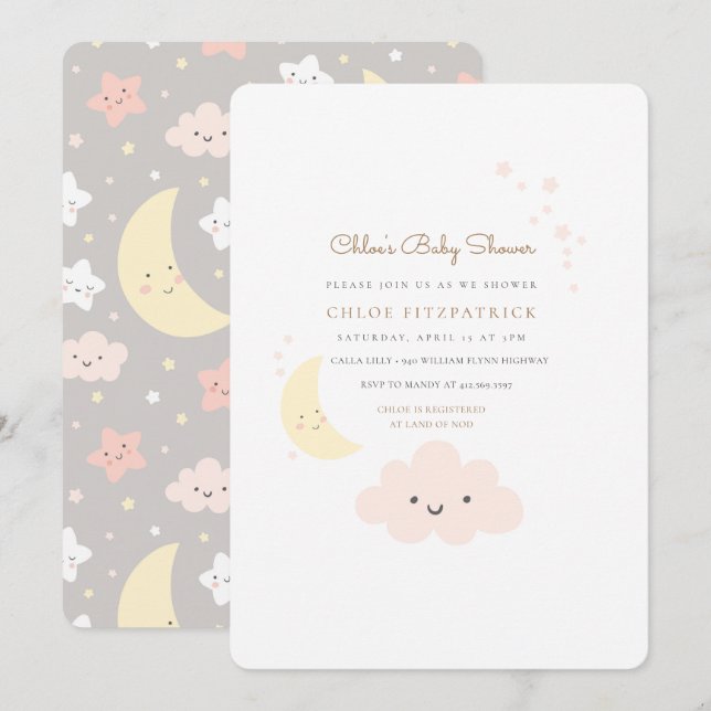 Moon and Star Baby Shower Invitation Pink (Front/Back)