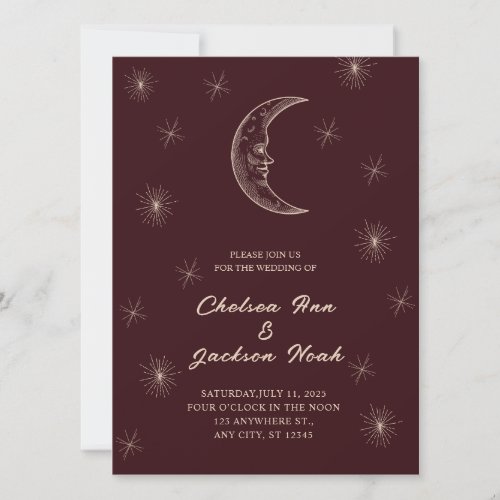 Moon and star maroon Wedding Invitation