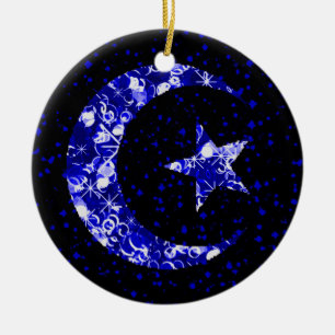 Moon and Star starry sparkly blue Ceramic Ornament