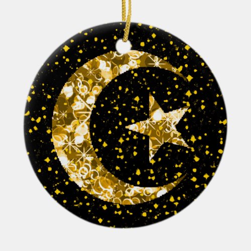 Moon and Star starry sparkly gold Ceramic Ornament