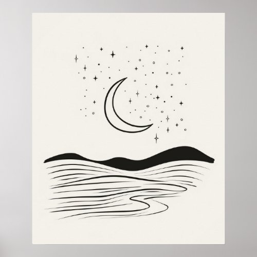 Moon and Stars and Ocean minimalist line art Poster