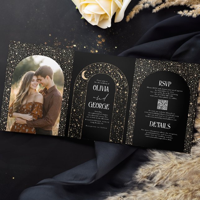 Moon and Stars Arch Celestial Black Wedding Photo Tri-Fold Invitation (Celestial Black Tri Fold Wedding Invitations with Photo)
