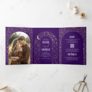 Moon and Stars Arch Celestial Purple Wedding Photo Tri-Fold Invitation
