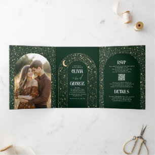 Moon and Stars Arch Celestial Wedding Photo Tri-Fold Invitation