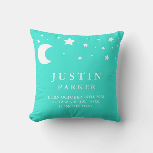 Moon and Stars Baby Birth Announcement Pillow (Front)