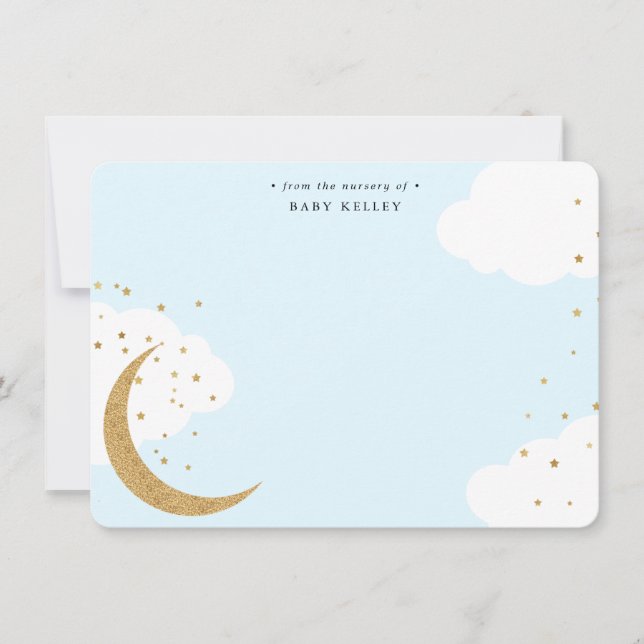 Moon and Stars, Baby Blue Personalized Flat Note Card (Front)