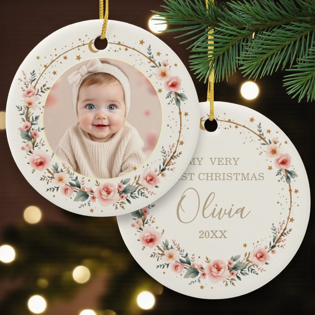 Moon and Stars Baby First Christmas Photo Ceramic Ornament (Creator Uploaded)
