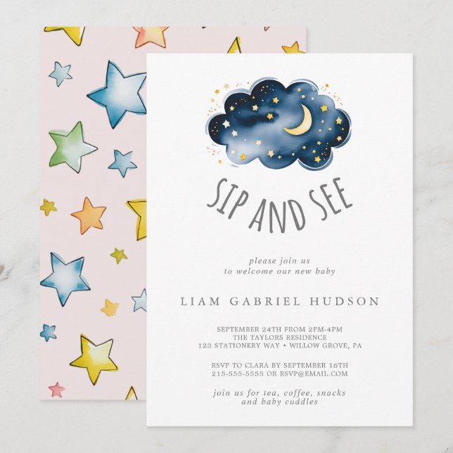 Moon and stars Baby Girl Sip and See Invitation (Front/Back)