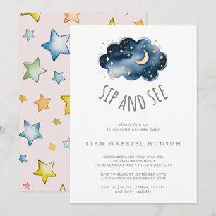 Moon and stars Baby Girl Sip and See Invitation