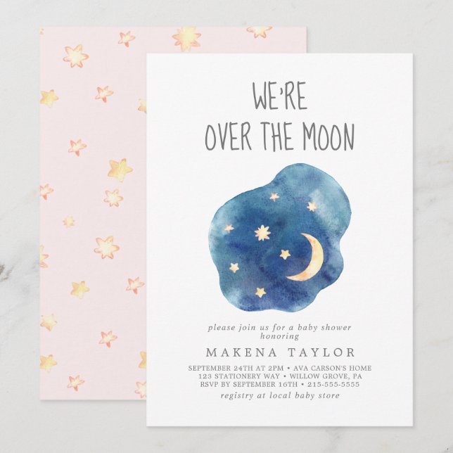 Moon and Stars Baby Girl We're Over the Moon Invitation (Front/Back)