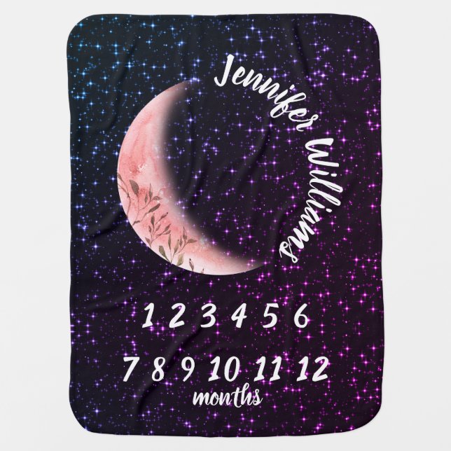 Moon and Stars Baby Milestone Purple Baby Blanket (Front)