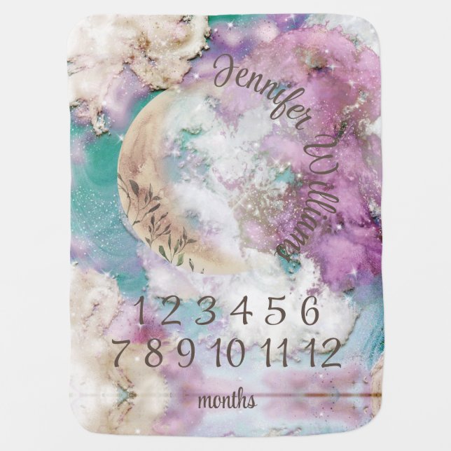 Moon and Stars Baby Milestone Purple Galaxy Space Baby Blanket (Front)