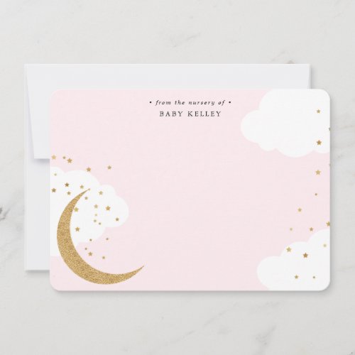 Moon and Stars Baby Pink Personalized Flat Note Card