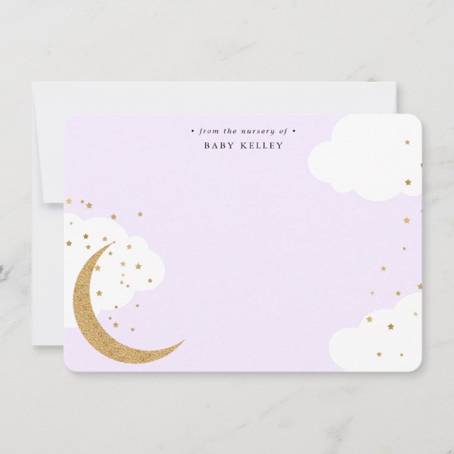 Moon and Stars, Baby Purple Personalized Flat Note Card (Front)