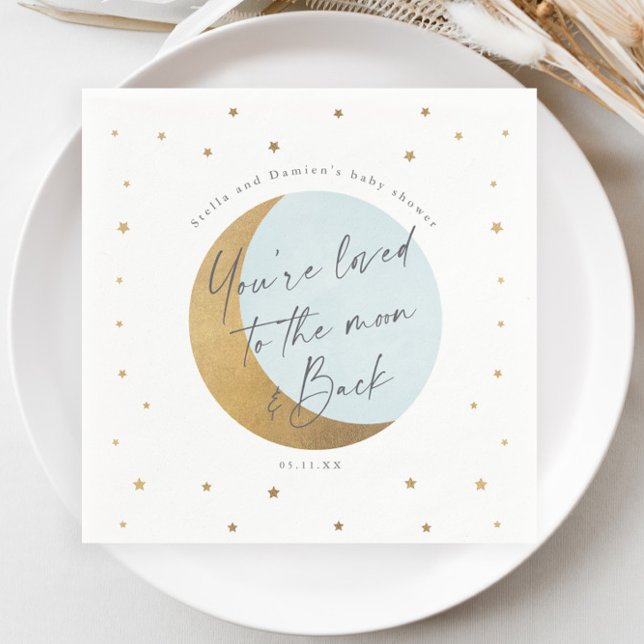 Moon and stars baby shower napkins (Elegant Gold Moon and Stars Script Blue Boys Baby Shower Napkin.)
