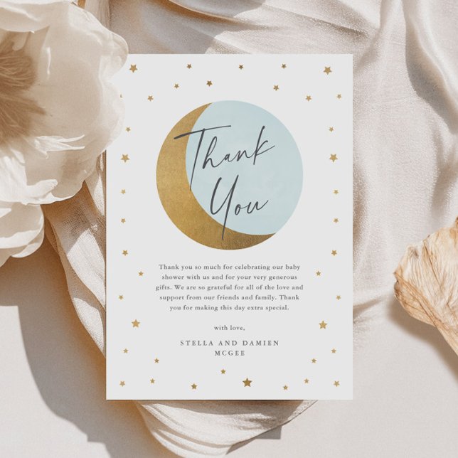 Moon and stars baby shower thank you card (Elegant Gold Moon and Stars Script Blue Baby Shower Thank You Card.)