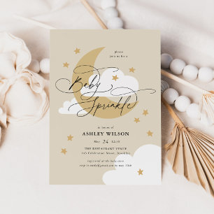 Moon and Stars Beige Elegant Script Baby Sprinkle Invitation